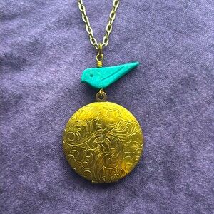 Gold Locket Necklace with Turquoise Bird Charm